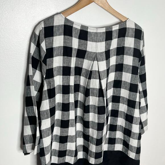 J. Jill Love Linen Pullover Top Womens Large Black Gingham Check 3/4 Sleeve - Picture 9 of 12
